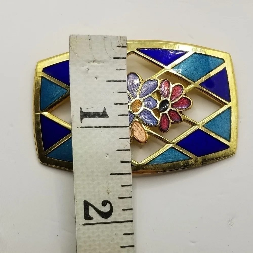 Vintage Cloisonne Brooch Pin Flowers Harlequin Pattern Multi Color Gold Tone
